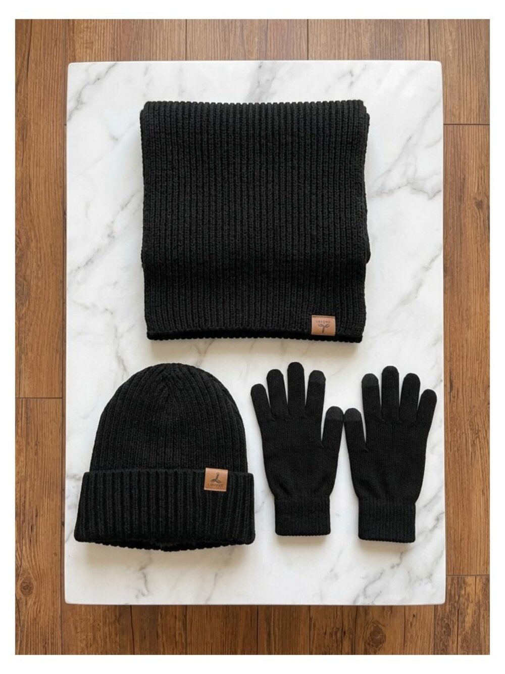 3-in-1 Winter Set Knitted Ribbed Beanie Scarf Touchscreen Gloves Men